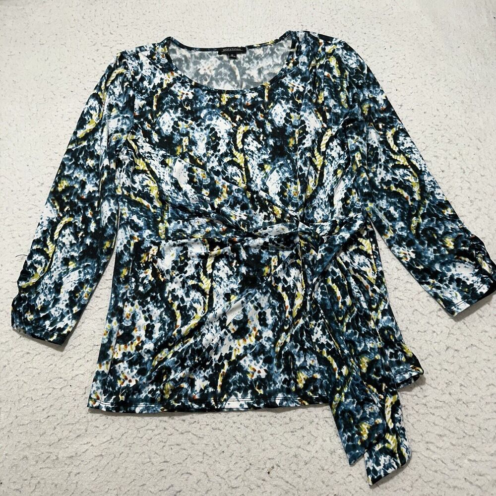 Notations Women's Medium Long Sleeve Blouse Blue Teal White Pullover Wrap Top
